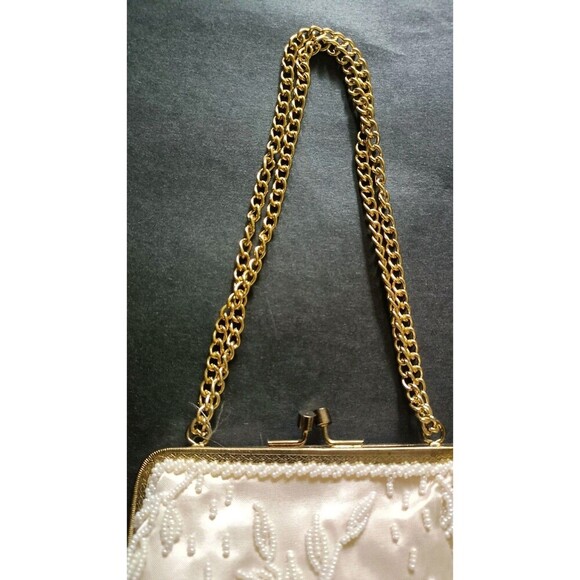 Vintage Beaded Purse Handbag Satin Beige Gold Chain Handmade Glam 1950s Style - Picture 8 of 13